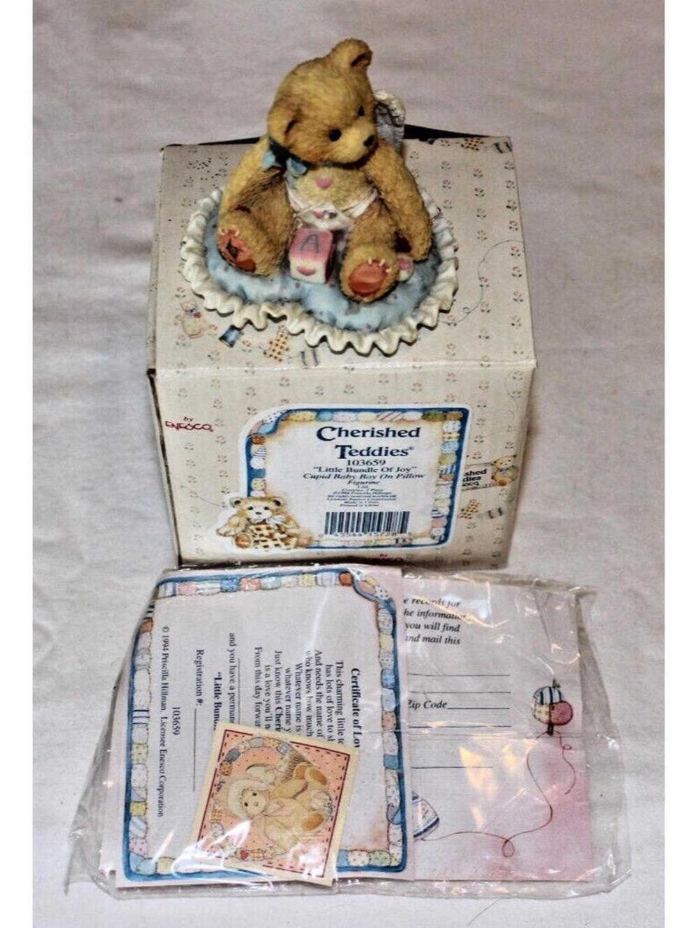 ENESCO CHERISHED TEDDIES 103659 “LITTLE BUNDLE OF JOY” © 1994 BOX & ADOPTION CER